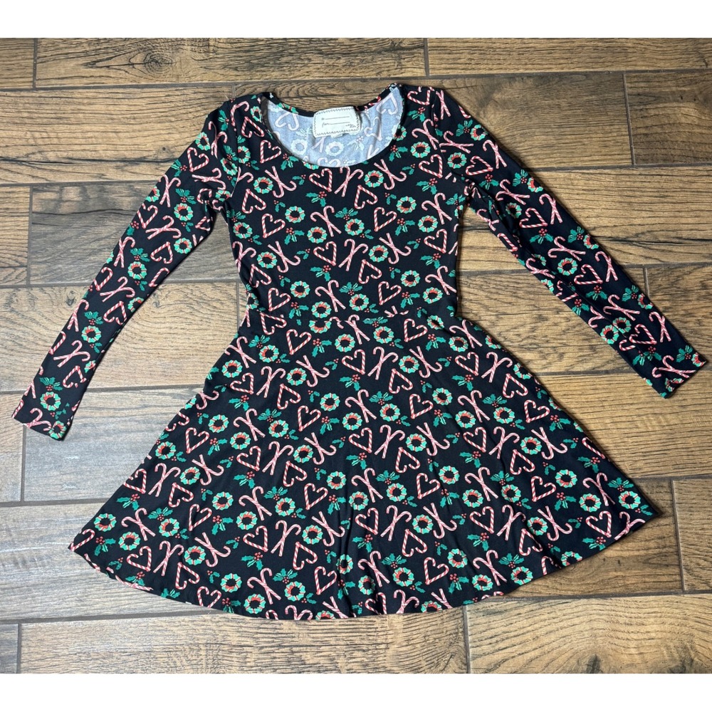Womens Black Christmas Candy Cane Holly Wreath Print Long Sleeve Skater Dress S